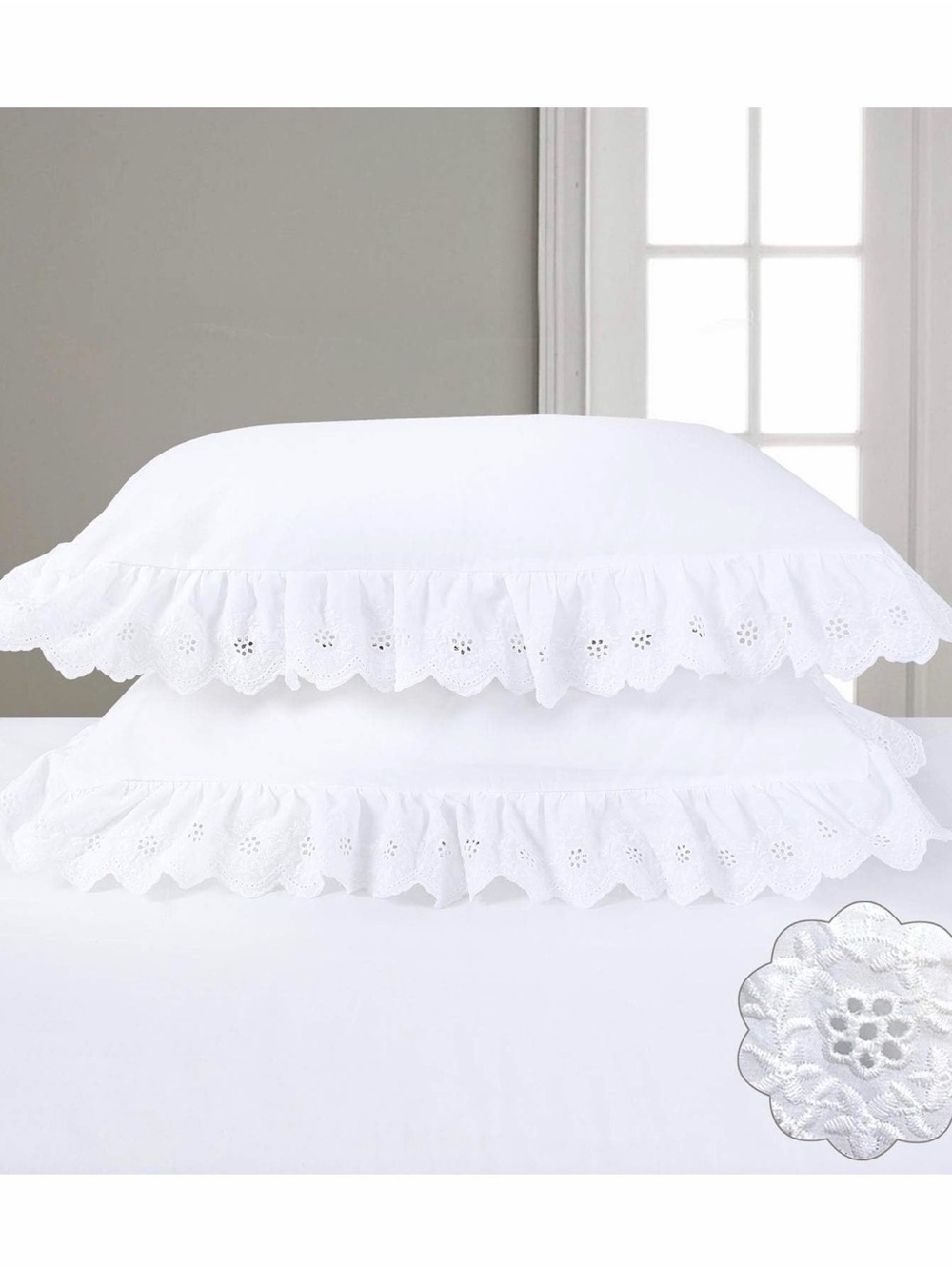 New White Eyelet Lace Ruffle Pillow Shams Pair of 2 Standard White Vtg 20 X 36
